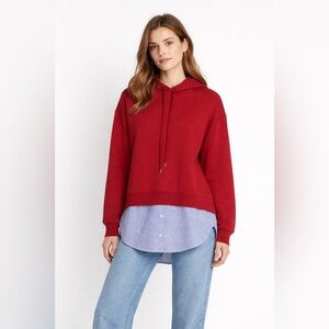 Sandro 2 in 1 Mixed Media Red Blue Twofer Hooded Sweatshirt Tunic Hoodie US S